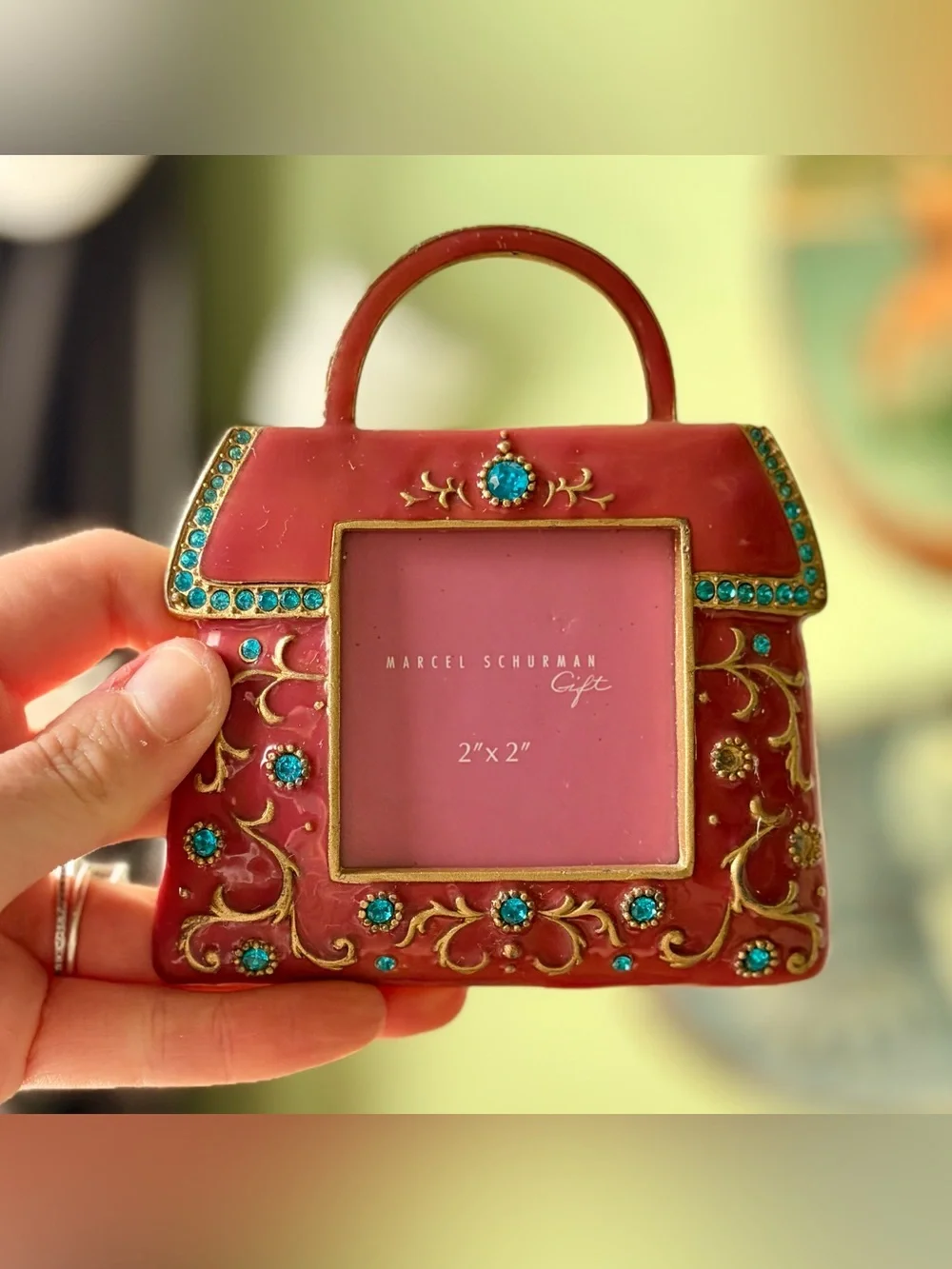 Retro Charming Blue Jeweled Embossed Handbag Picture Frame Accent